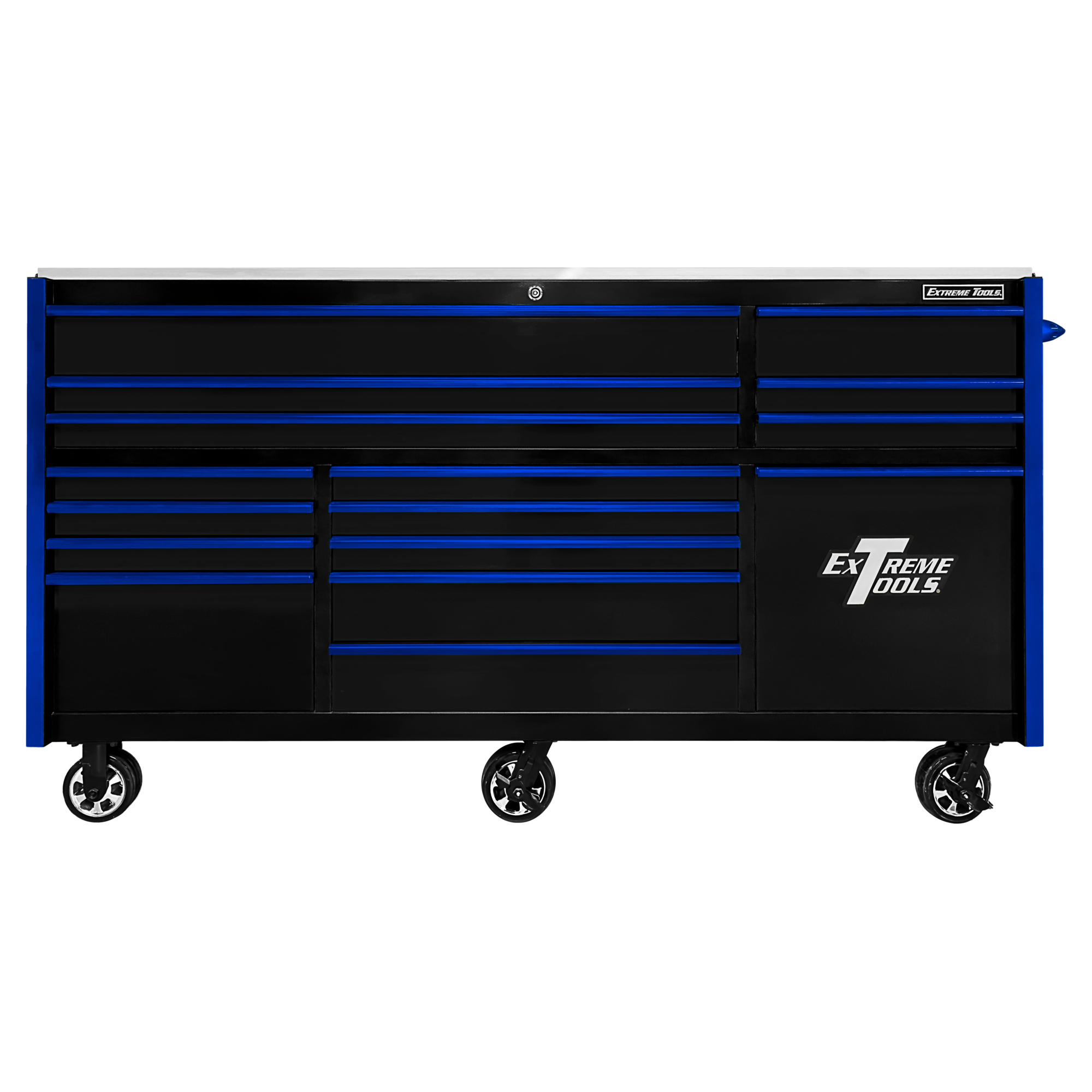 Extreme Tools, RX 84in.Wx30in.D 16 Drw RollCab w Pwr Tool Drw BKBL, Width 30.1 in, Height 47.365 in, Color Black, Model# RXQ843016RCBKBL